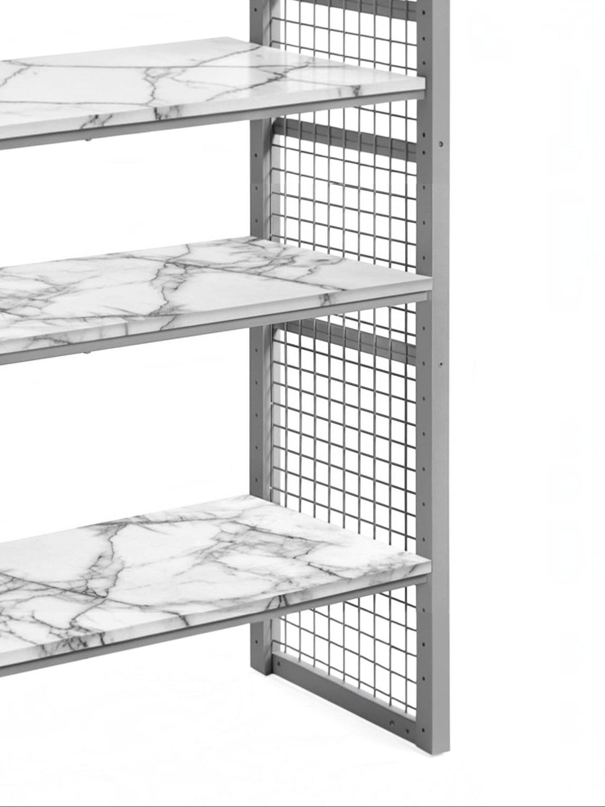 Étagère présentoir TOCO Meubles en métal argenté avec tablettes en stratifié effet marbre blanc et structure grillagée