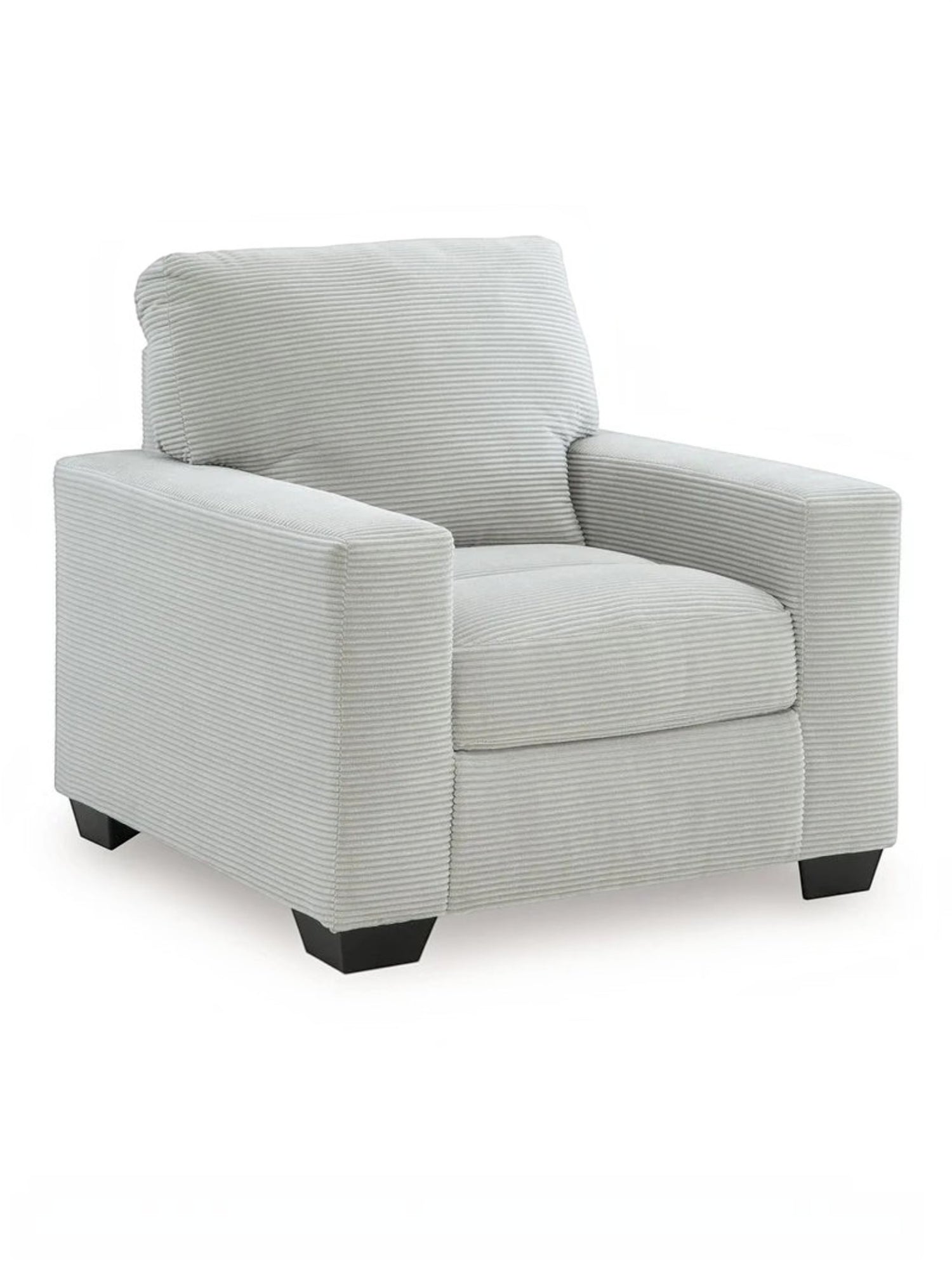 Fauteuil Aldo de TOCO Meubles en tissu côtelé gris clair avec pieds noirs, design moderne et confortable