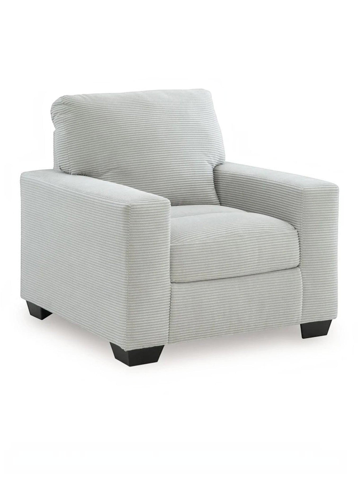 Fauteuil Aldo de TOCO Meubles en tissu côtelé gris clair avec pieds noirs, design moderne et confortable
