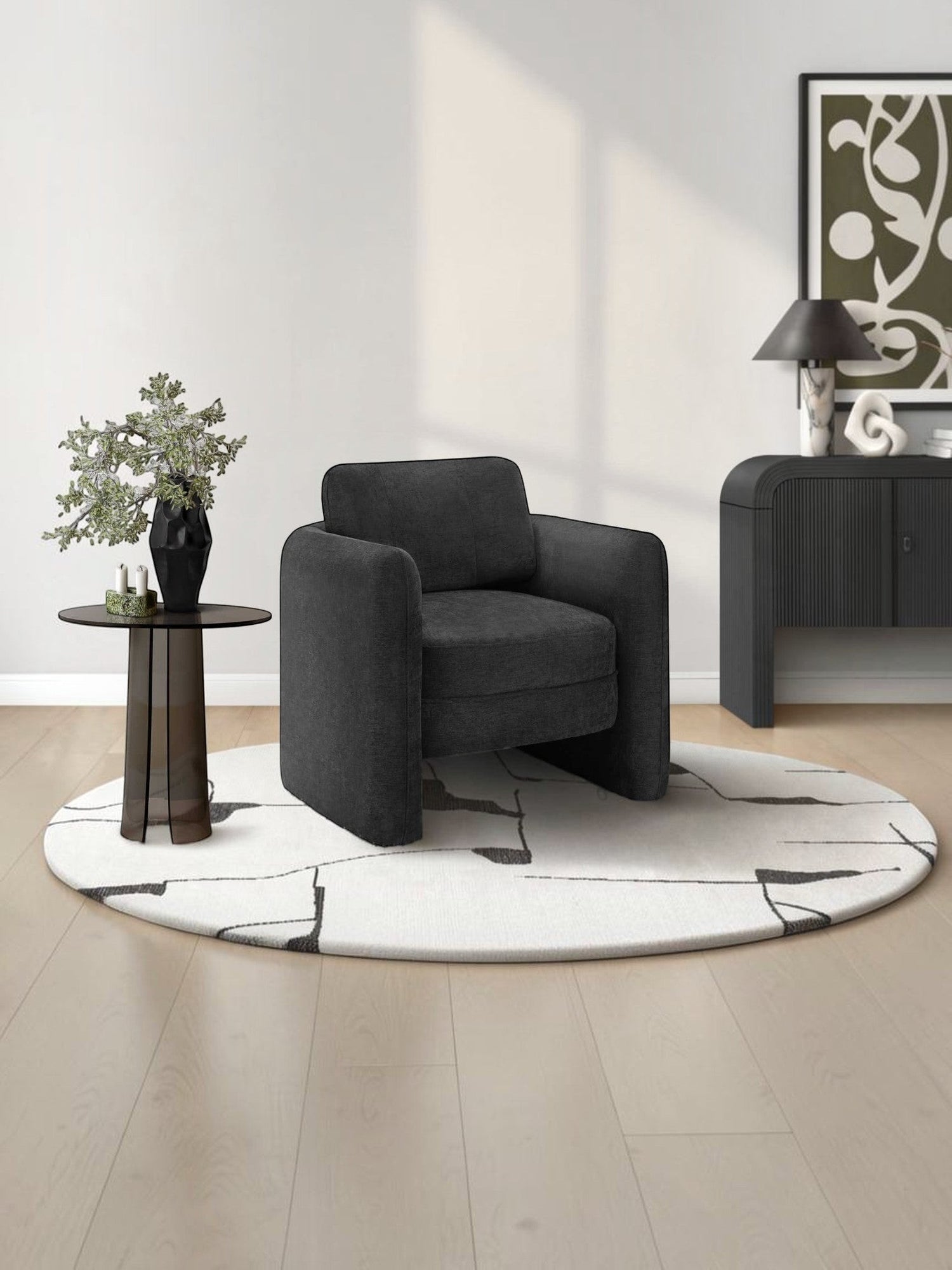 Fauteuil d'appoint Altea TOCO Meubles gris foncé, style tonneau, dossier incurvé, rembourrage confortable pour salon.
