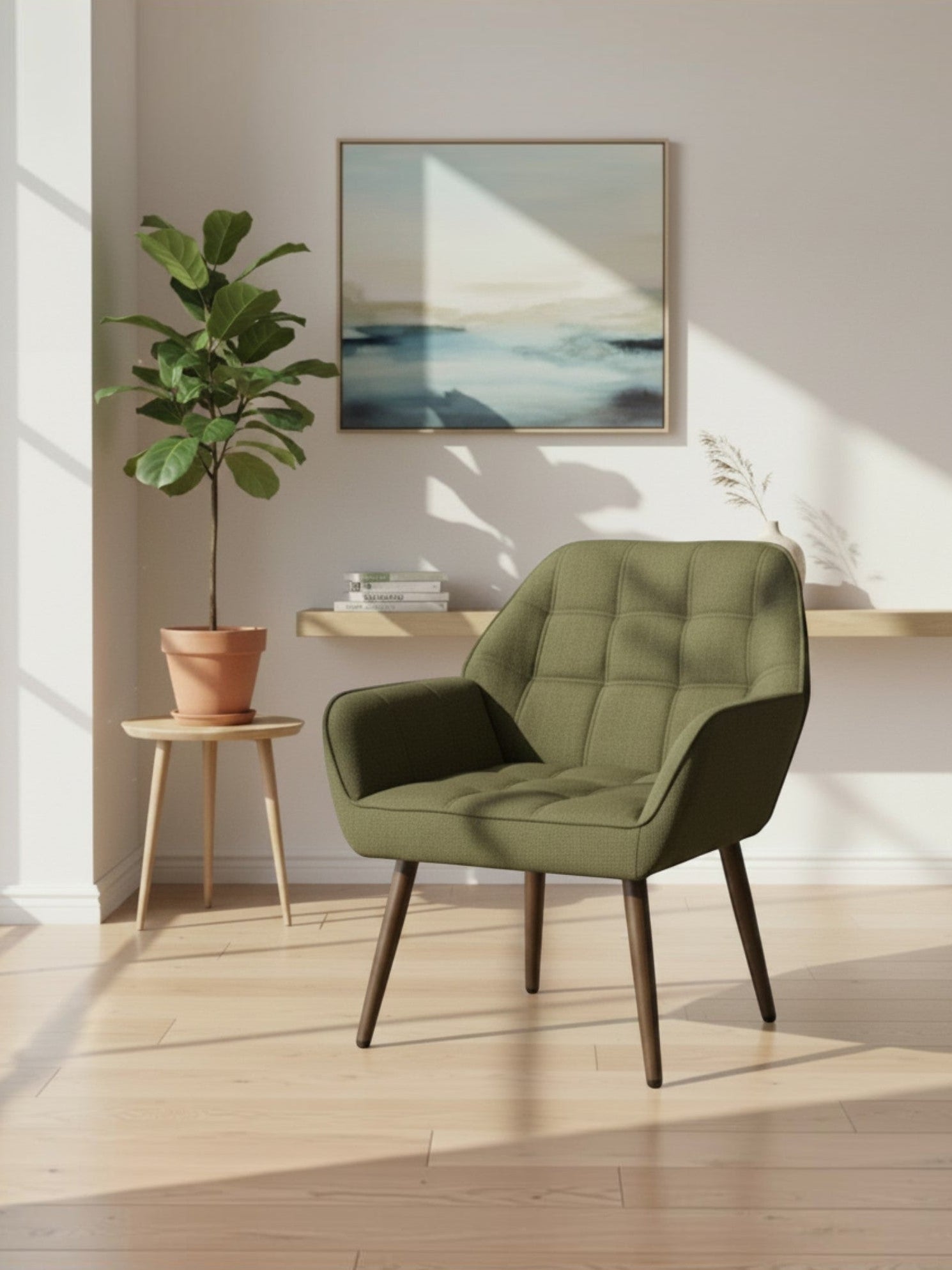 Fauteuil d'appoint TOCO Meubles Belinda vert olive avec assise capitonnée et pieds en bois foncé dans un salon moderne