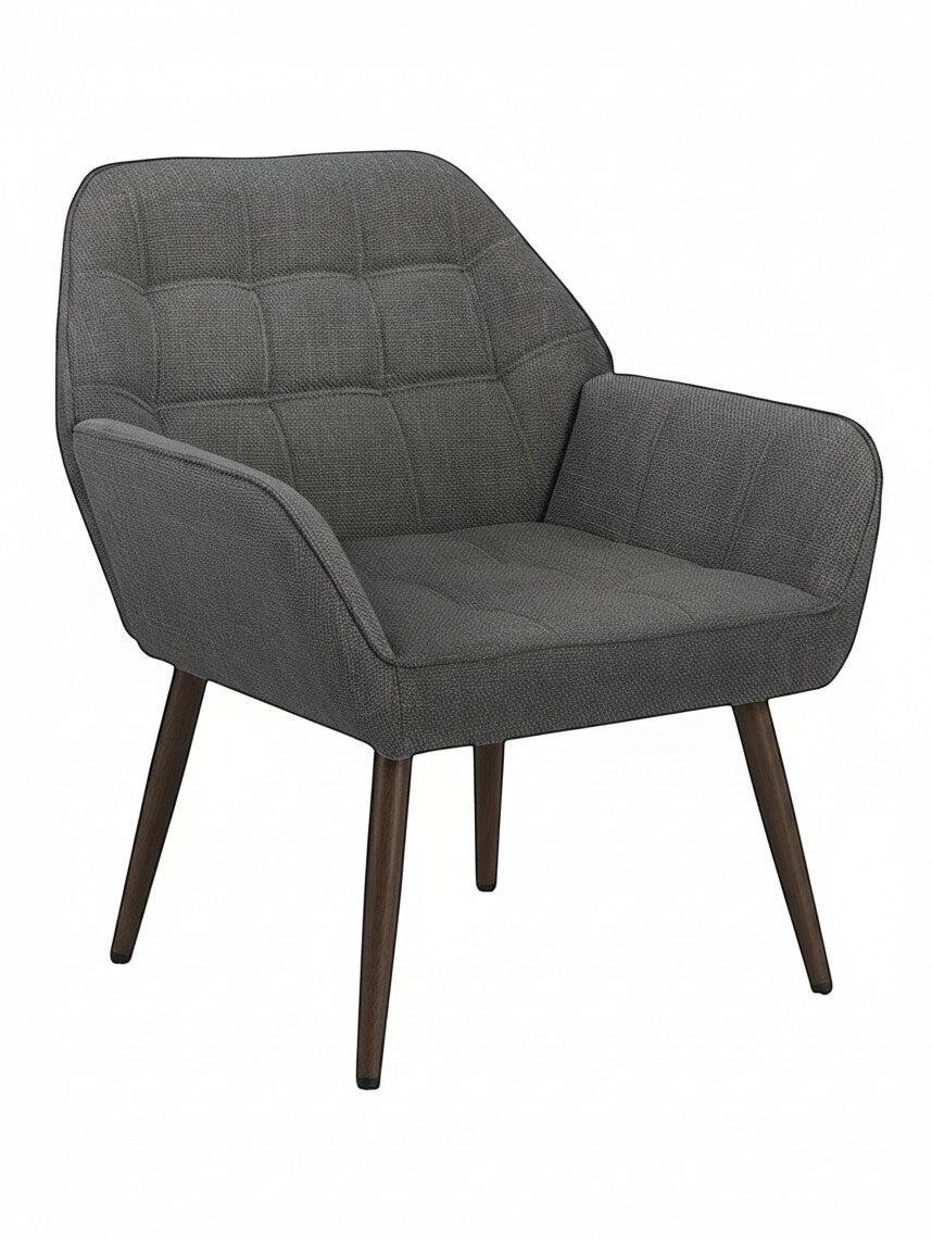 Fauteuil d'appoint TOCO Meubles Belinda gris capitonné avec pieds en bois foncé pour salon contemporain