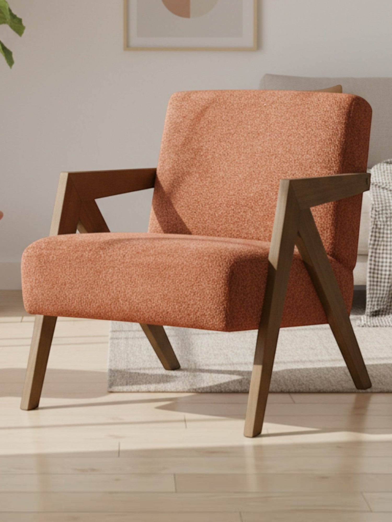 Fauteuil d'appoint TOCO Meubles Caleb en tissu texturé orange avec structure et accoudoirs en bois massif