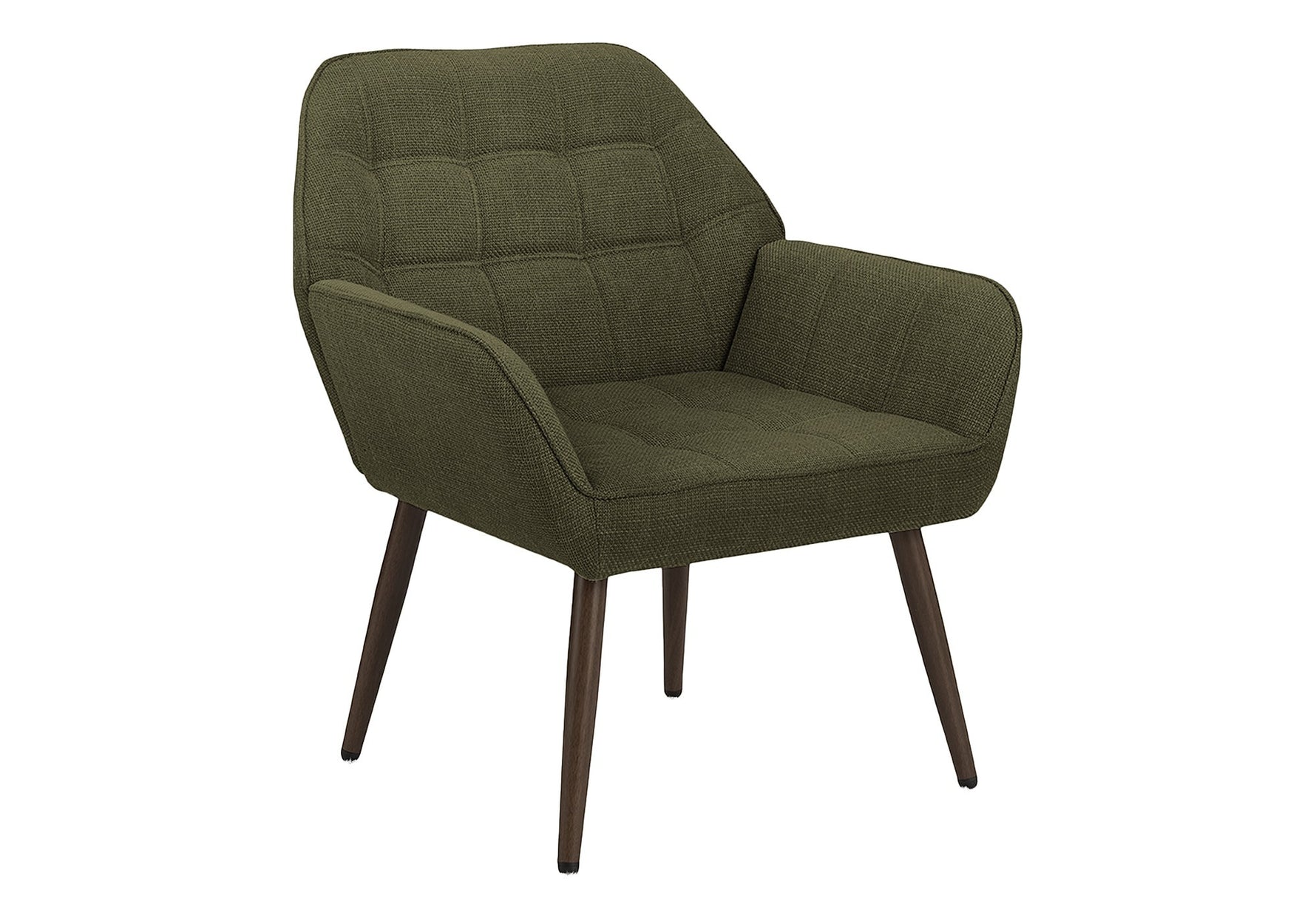 Fauteuil d'appoint Belinda vert kaki de TOCO Meubles avec assise rembourrée et pieds en bois foncés.