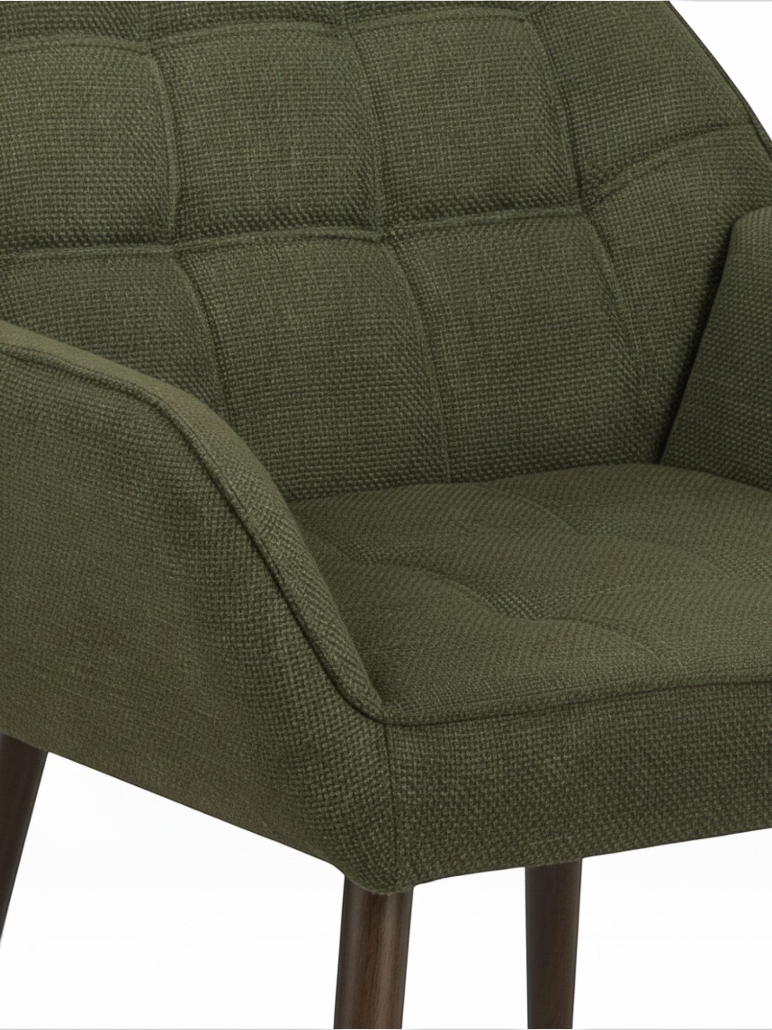 Fauteuil d'appoint TOCO Meubles Belinda en tissu texturé vert olive avec assise capitonnée et pieds en bois foncé