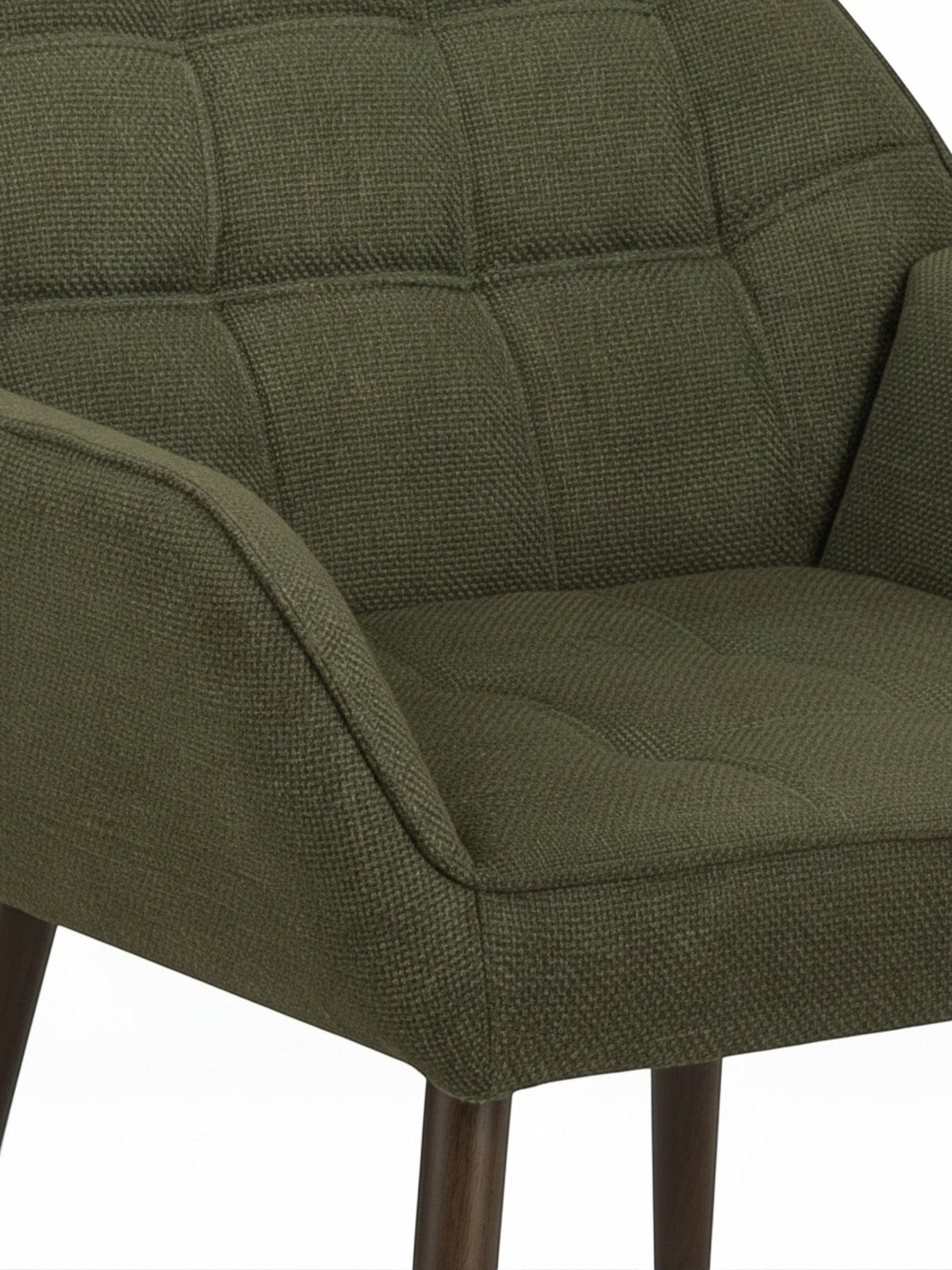 Fauteuil d'appoint TOCO Meubles Belinda en tissu texturé vert olive avec assise capitonnée et pieds en bois foncé