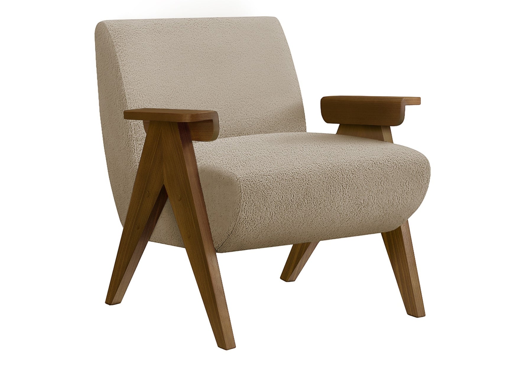 Fauteuil d'appoint Carl TOCO Meubles en tissu bouclé beige avec pieds et accoudoirs en bois de noyer.