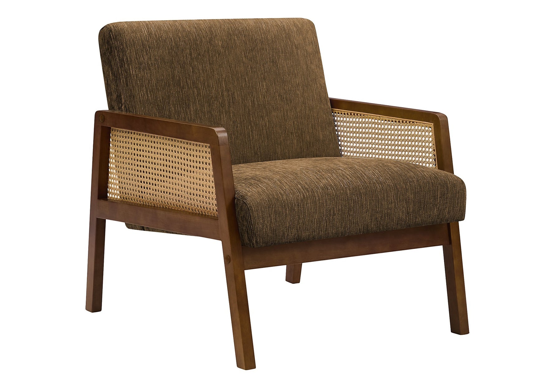 Fauteuil d'appoint TOCO Meubles Brice marron en tissu avec accoudoirs en cannage et structure en bois