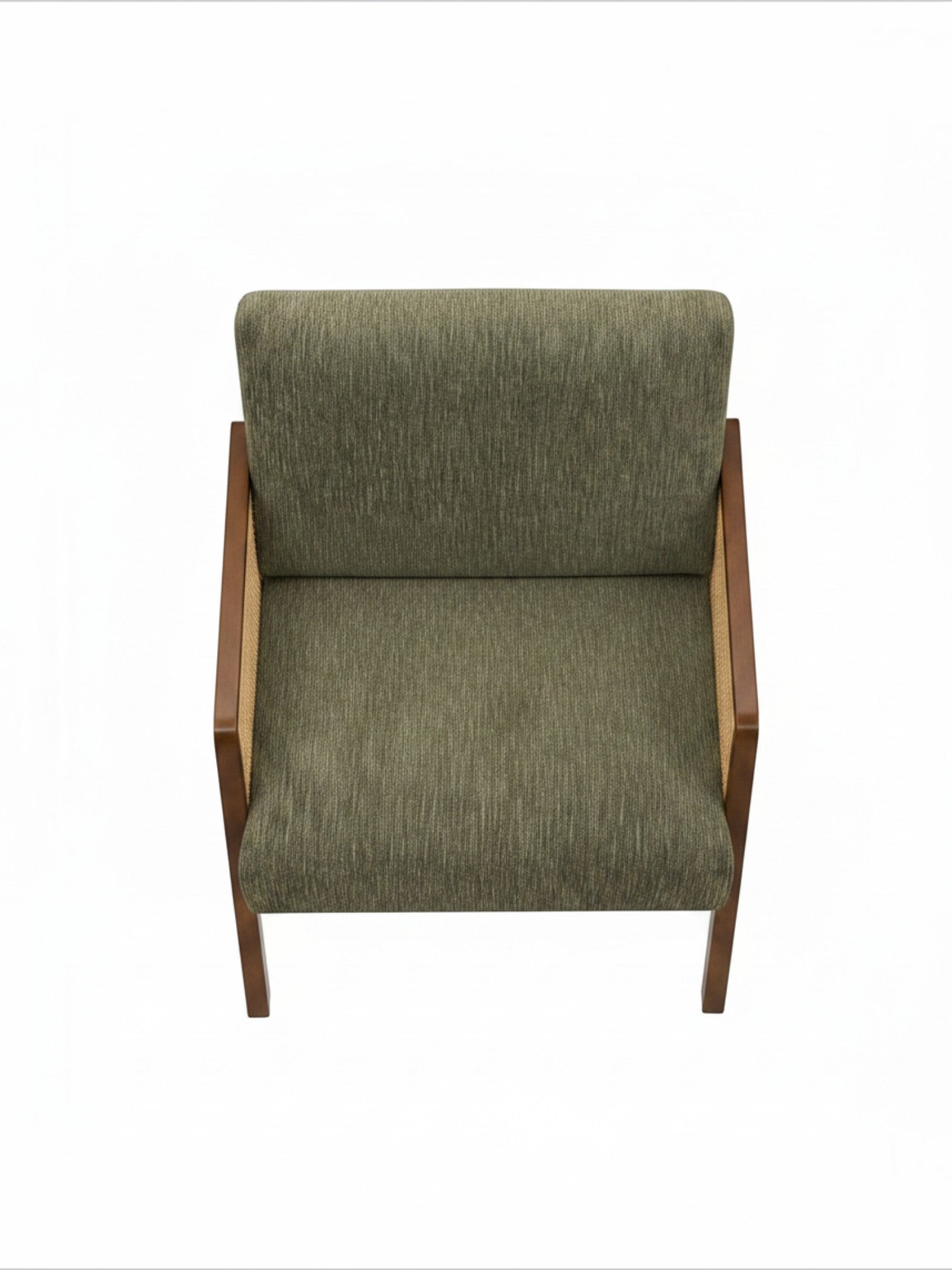 Fauteuil d'appoint TOCO Meubles Brice en tissu vert olive avec structure en bois massif et panneaux latéraux tissés.