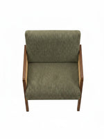Fauteuil d'appoint TOCO Meubles Brice en tissu vert olive avec structure en bois massif et panneaux latéraux tissés.