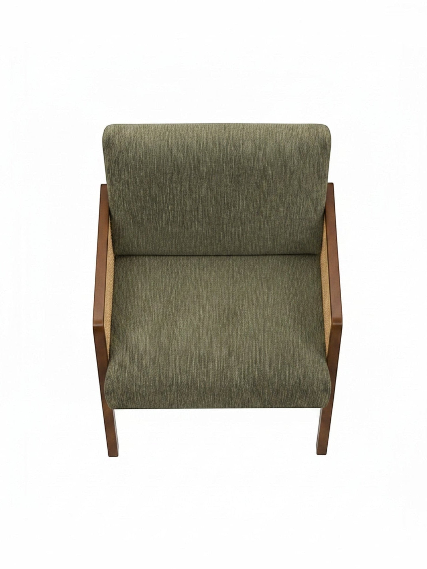 Fauteuil d'appoint TOCO Meubles Brice en tissu vert olive avec structure en bois massif et panneaux latéraux tissés.
