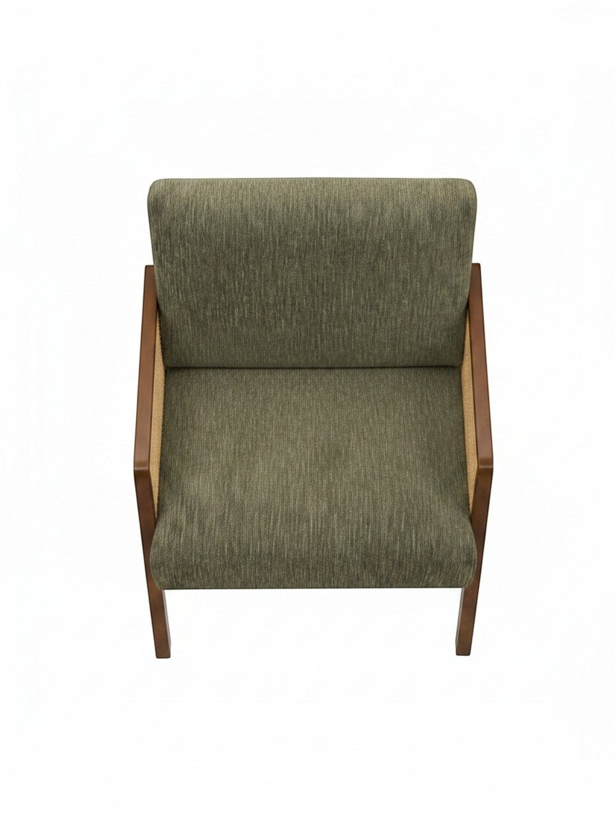 Fauteuil d'appoint TOCO Meubles Brice en tissu vert olive avec structure en bois massif et panneaux latéraux tissés.