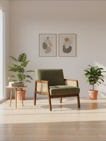 Fauteuil d'appoint TOCO Meubles Brice en tissu vert avec structure en bois massif et panneaux latéraux en cannage