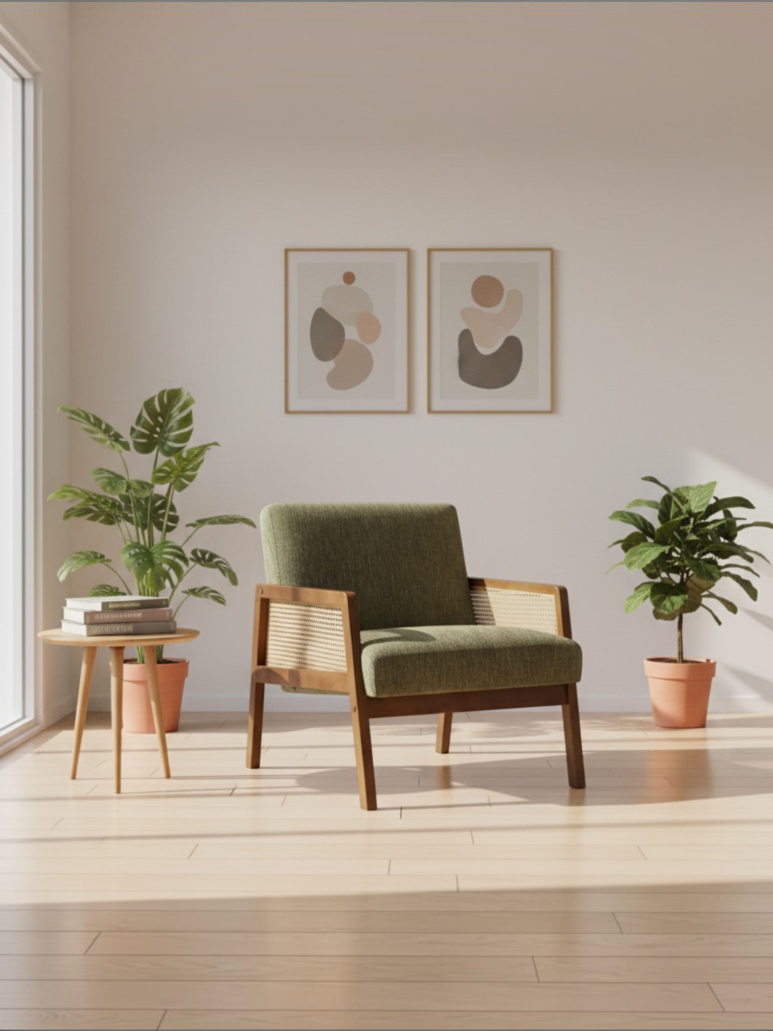 Fauteuil d'appoint TOCO Meubles Brice en tissu vert avec structure en bois massif et panneaux latéraux en cannage