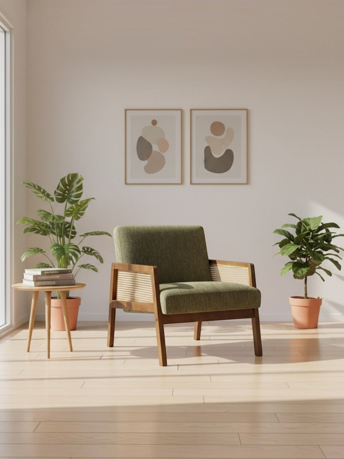 Fauteuil d'appoint TOCO Meubles Brice en tissu vert avec structure en bois massif et panneaux latéraux en cannage