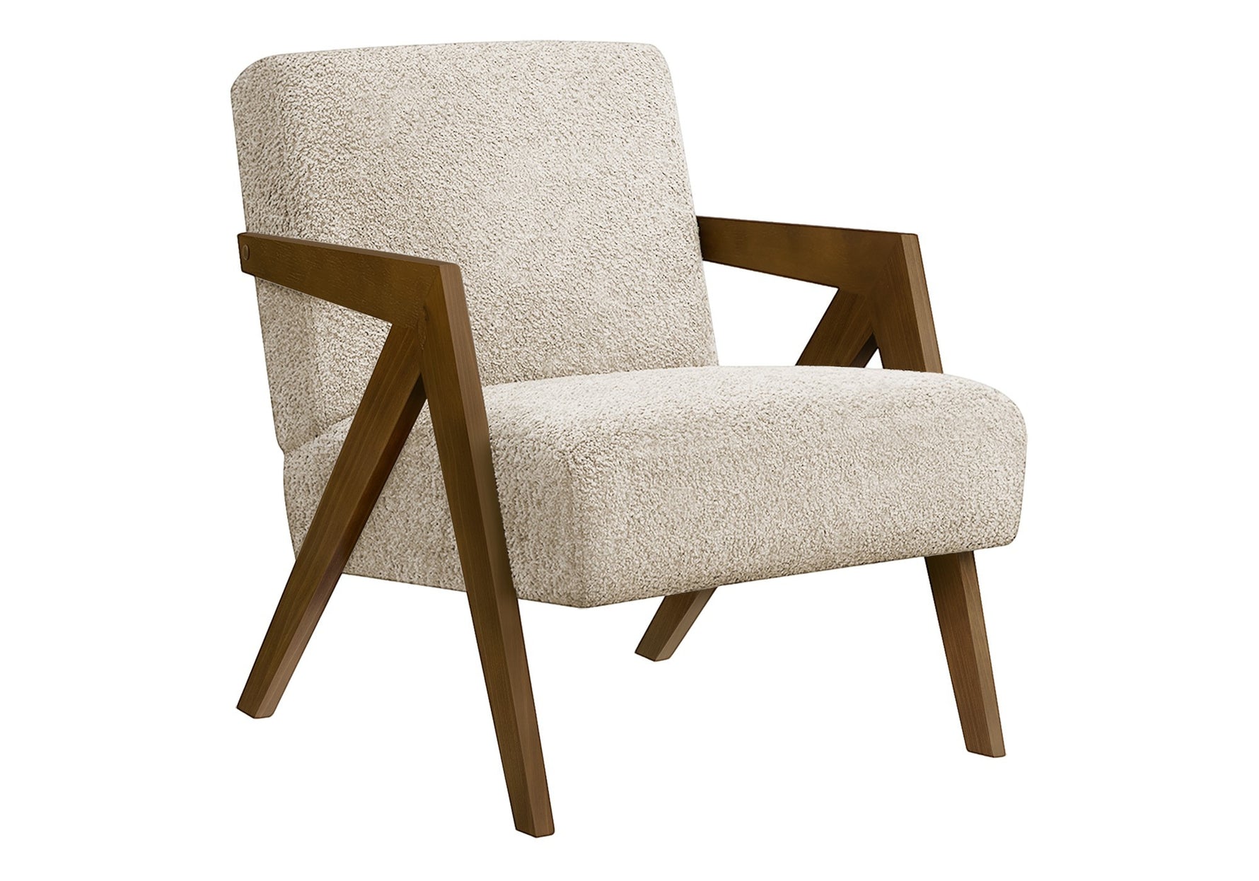 Fauteuil d'appoint TOCO Meubles Caleb en tissu bouclé crème avec pieds et accoudoirs en bois brun.