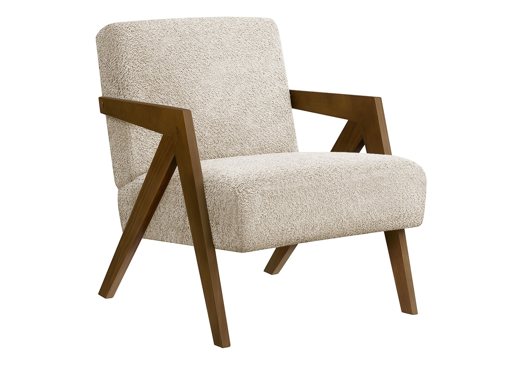 Fauteuil d'appoint TOCO Meubles Caleb crème texturé avec accoudoirs et pieds en bois foncé, style transitionnel.