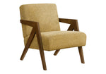 Fauteuil d'appoint TOCO Meubles Caleb jaune moutarde en tissu texturé avec accoudoirs et pieds en bois foncé.