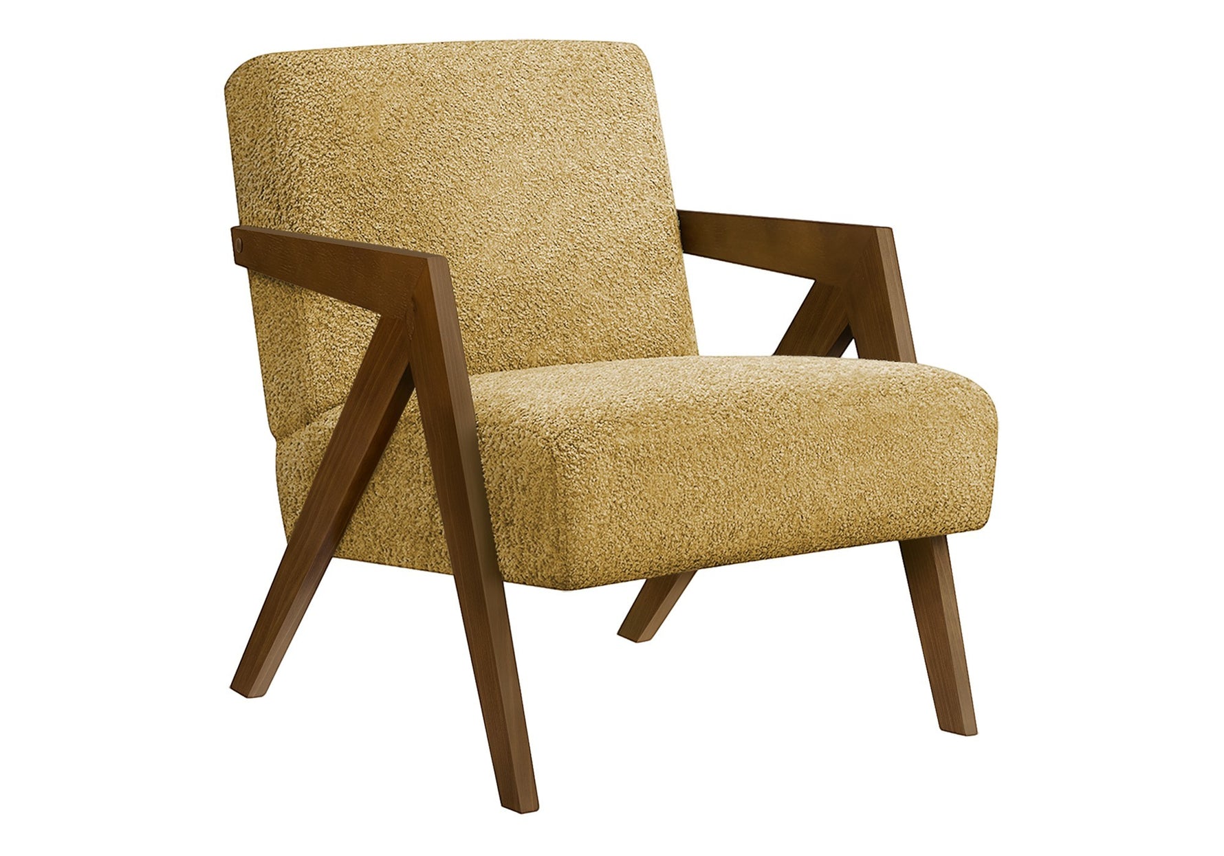 Fauteuil d'appoint TOCO Meubles Caleb jaune moutarde en tissu texturé avec accoudoirs et pieds en bois foncé.