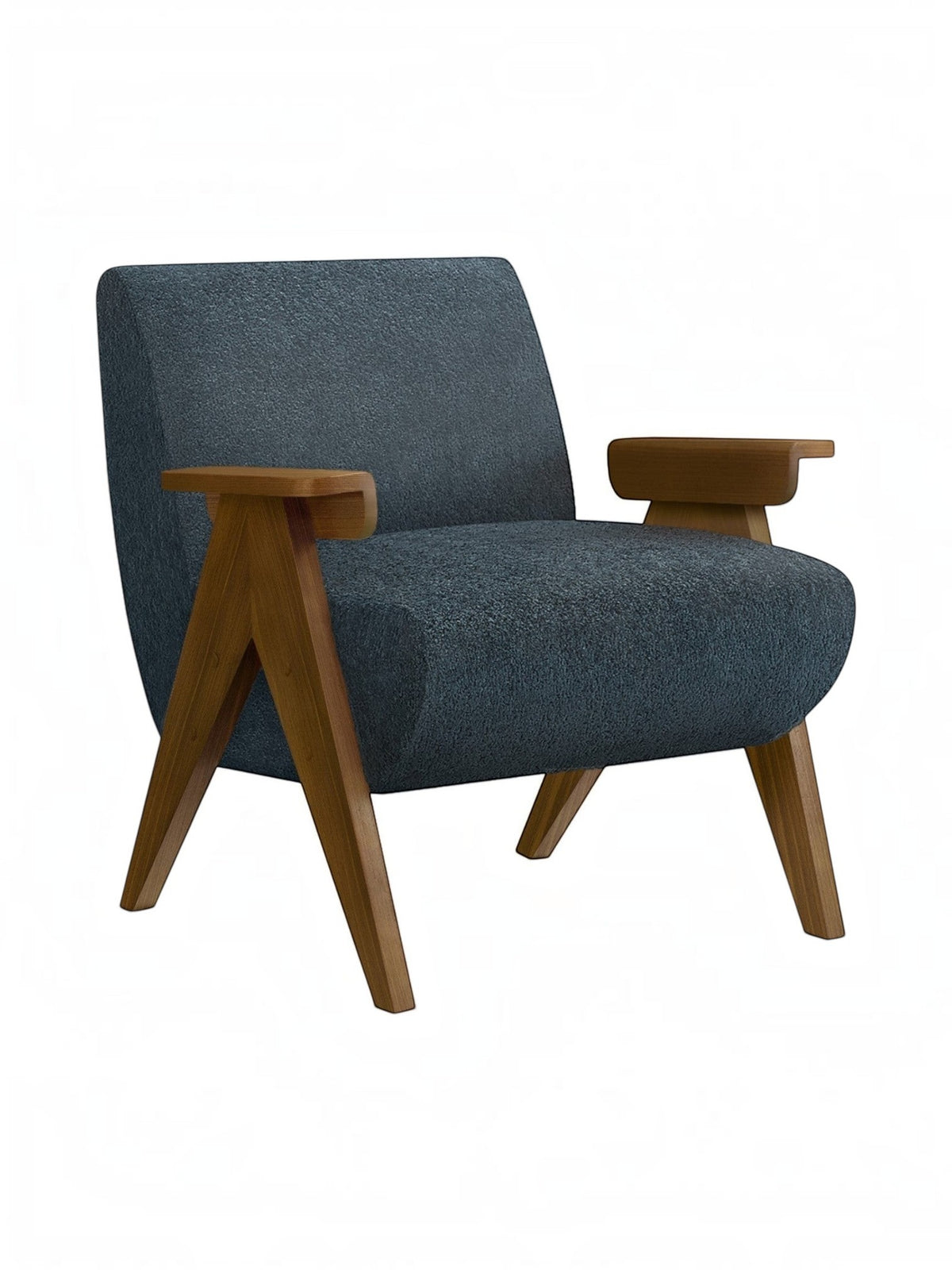Fauteuil d'appoint TOCO Meubles Carl en tissu bleu texturé avec accoudoirs et pieds en bois massif