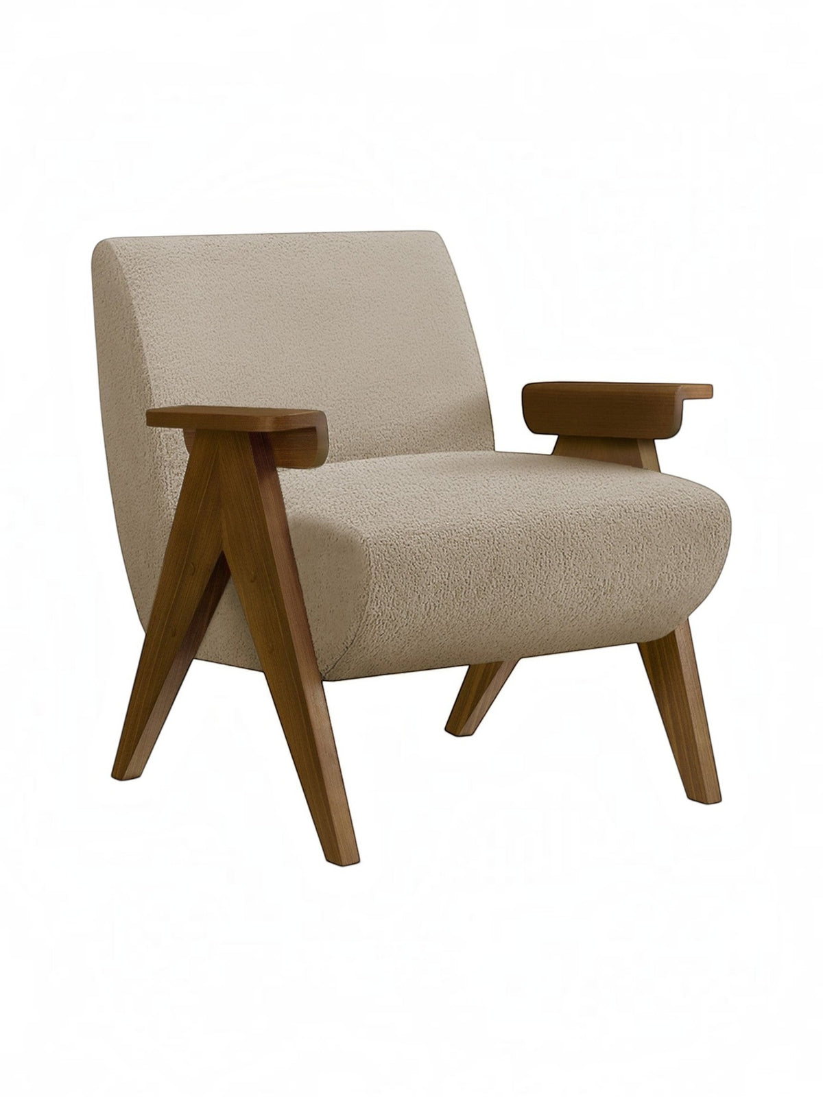 Fauteuil d'appoint TOCO Meubles Carl en tissu bouclette beige avec accoudoirs et pieds en bois massif