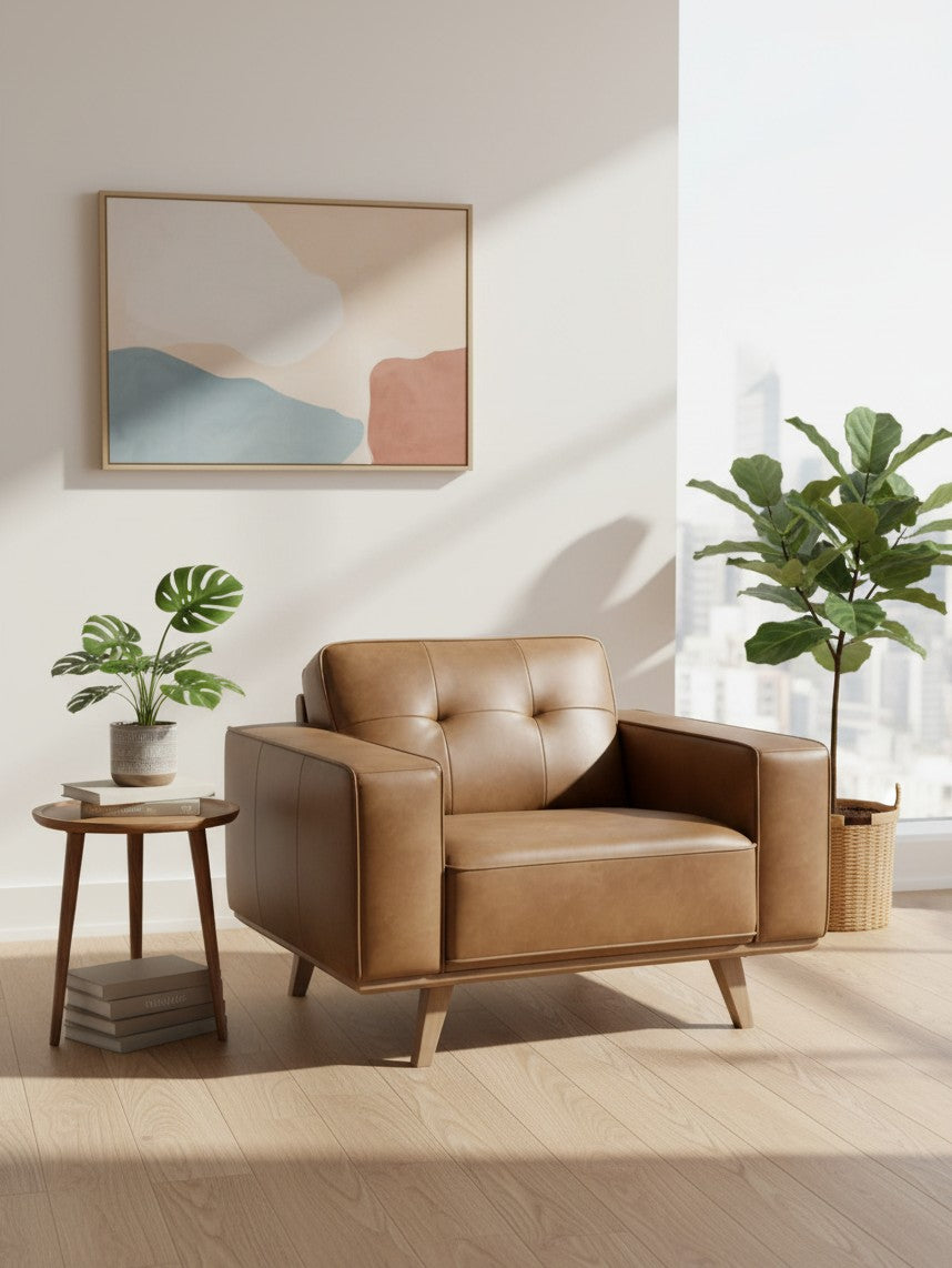 Fauteuil TOCO Meubles Célestin en cuir marron avec dossier capitonné et pieds en bois clair dans un salon moderne