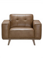 Fauteuil Célestin TOCO Meubles en cuir marron avec accoudoirs larges et pieds en bois style moderne