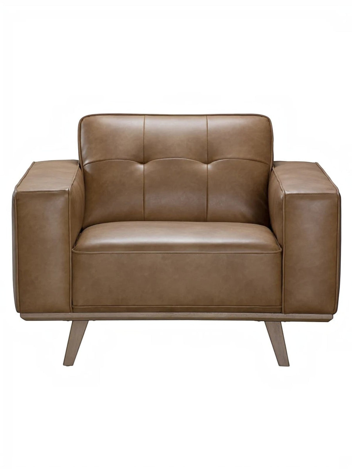 Fauteuil Célestin TOCO Meubles en cuir marron avec accoudoirs larges et pieds en bois style moderne