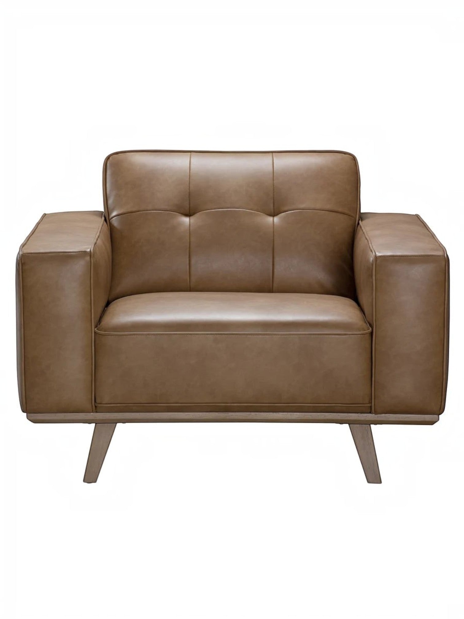 Fauteuil Célestin TOCO Meubles en cuir marron avec accoudoirs larges et pieds en bois style moderne