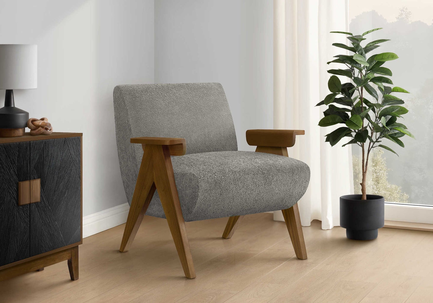 Fauteuil d'appoint Carl gris chiné TOCO Meubles avec accoudoirs et pieds en bois, design scandinave.