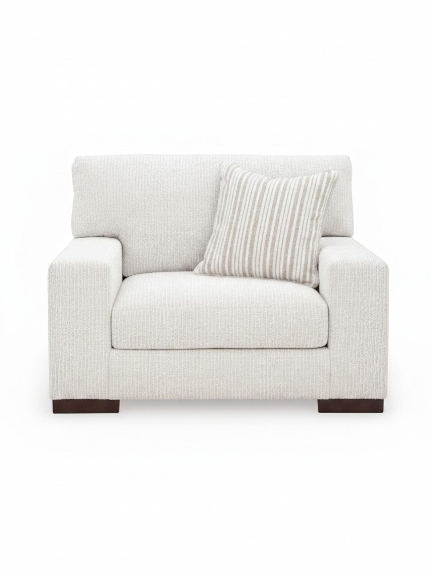 Fauteuil Figaro TOCO Meubles large et confortable en tissu texturé blanc cassé avec coussin décoratif rayé