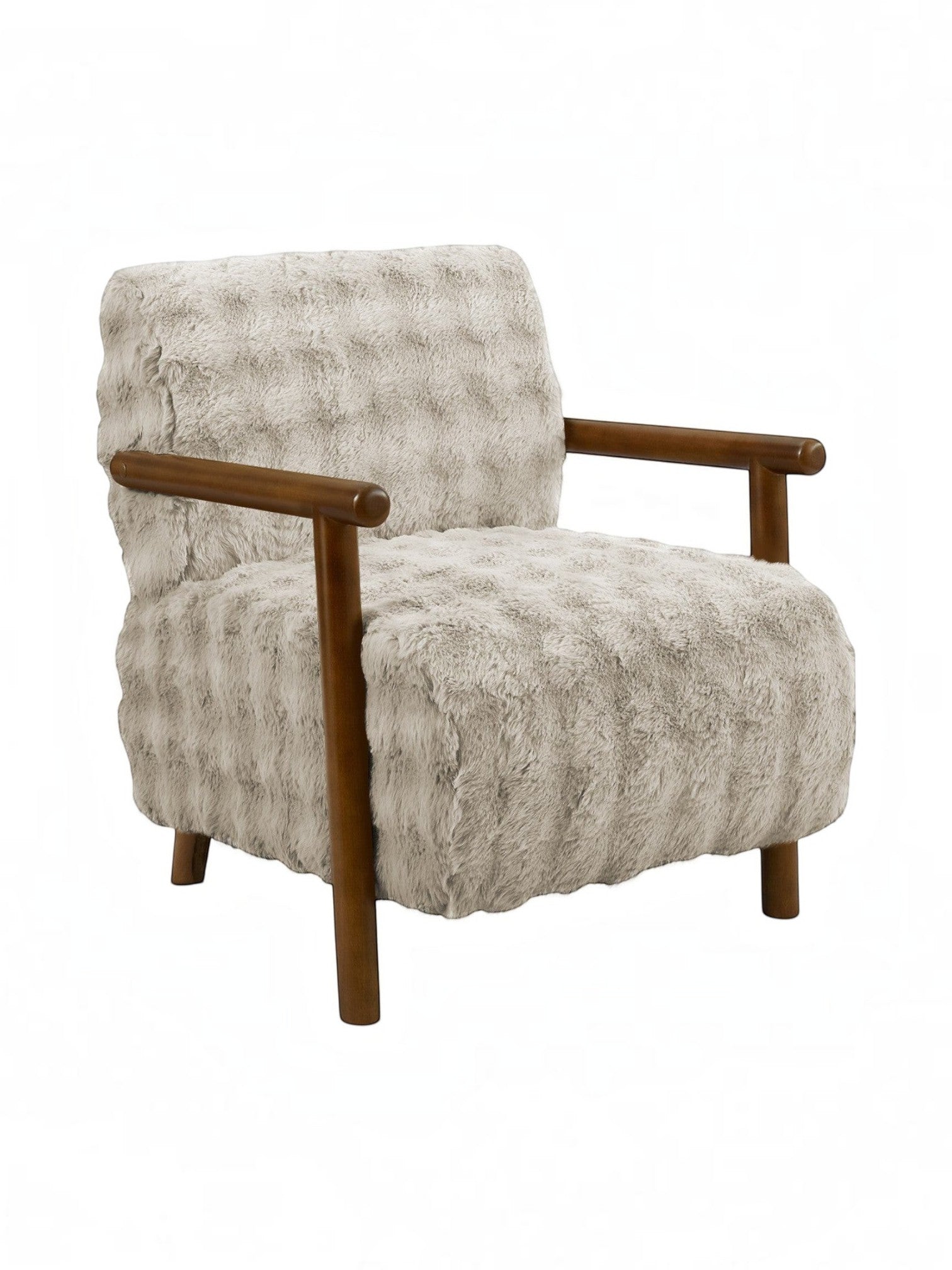 Fauteuil d'appoint TOCO Meubles Maureen en fausse fourrure beige avec accoudoirs et pieds en bois massif