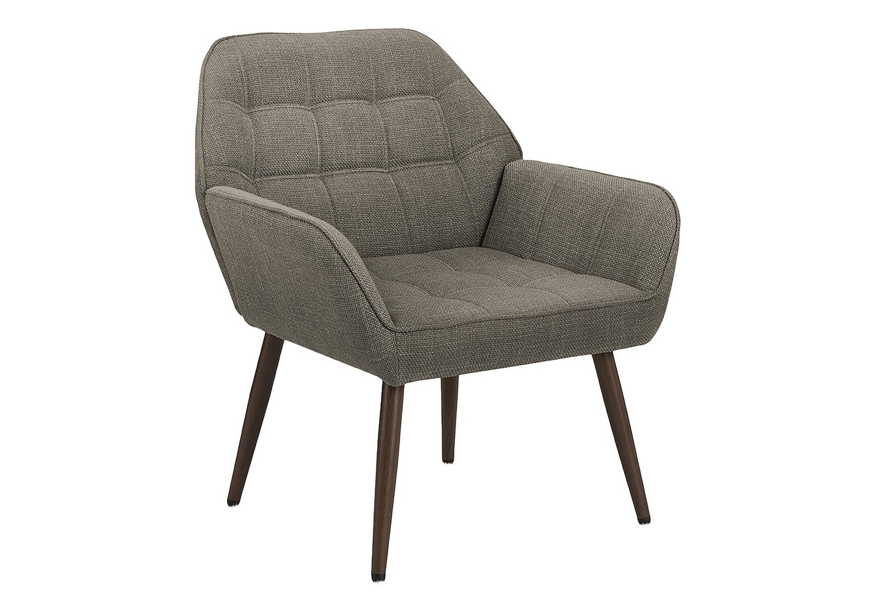 Fauteuil d'appoint gris taupe TOCO Meubles avec capitonnage sur l'assise et le dossier, pieds en bois foncé.