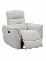 Fauteuil inclinable Hudson en tissu texturé beige clair de TOCO Meubles, avec repose-pieds relevé et commandes intégrées.