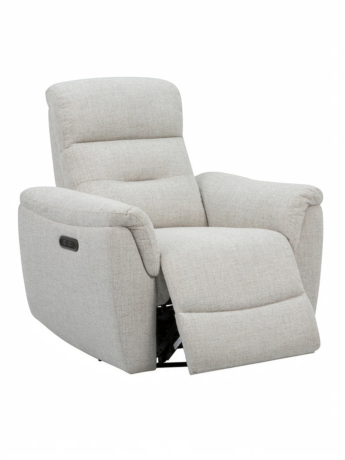 Fauteuil inclinable Hudson en tissu texturé beige clair de TOCO Meubles, avec repose-pieds relevé et commandes intégrées.