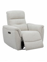 Fauteuil inclinable Hudson en tissu texturé beige clair de TOCO Meubles, avec repose-pieds relevé et commandes intégrées.