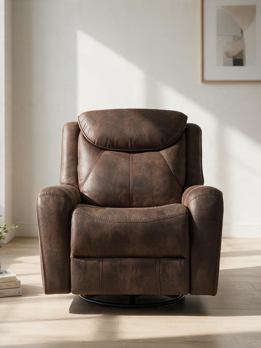 Fauteuil inclinable électrique Jackson de TOCO Meubles en similicuir brun avec dossier segmenté et base pivotante