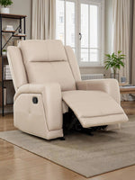 Fauteuil inclinable Charlie en cuir beige de TOCO Meubles, avec repose-pieds relevé et accoudoir rembourré.