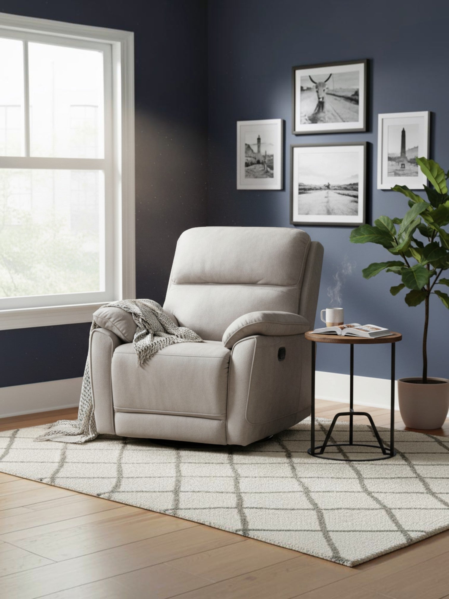 Fauteuil inclinable Dean gris clair de TOCO Meubles, rembourré et confortable pour un coin détente.