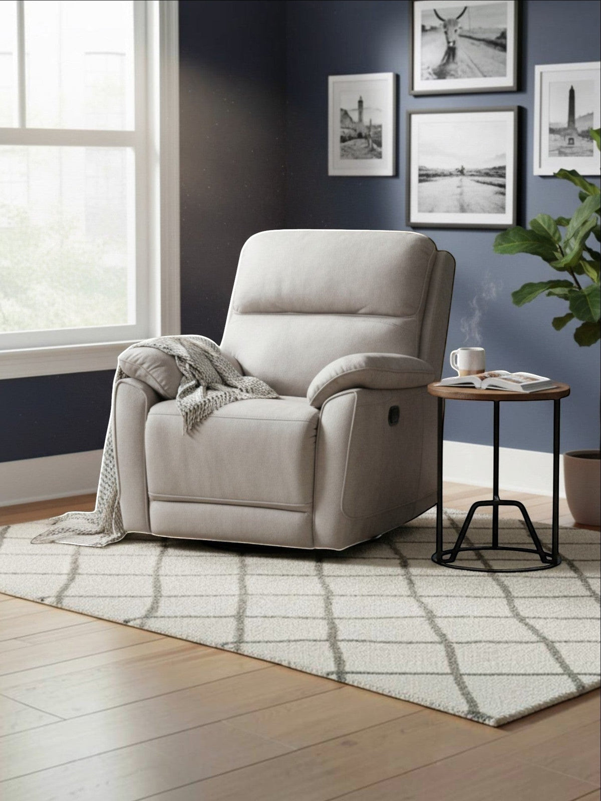 Fauteuil inclinable Dean gris clair de TOCO Meubles, rembourré et confortable pour un coin détente.