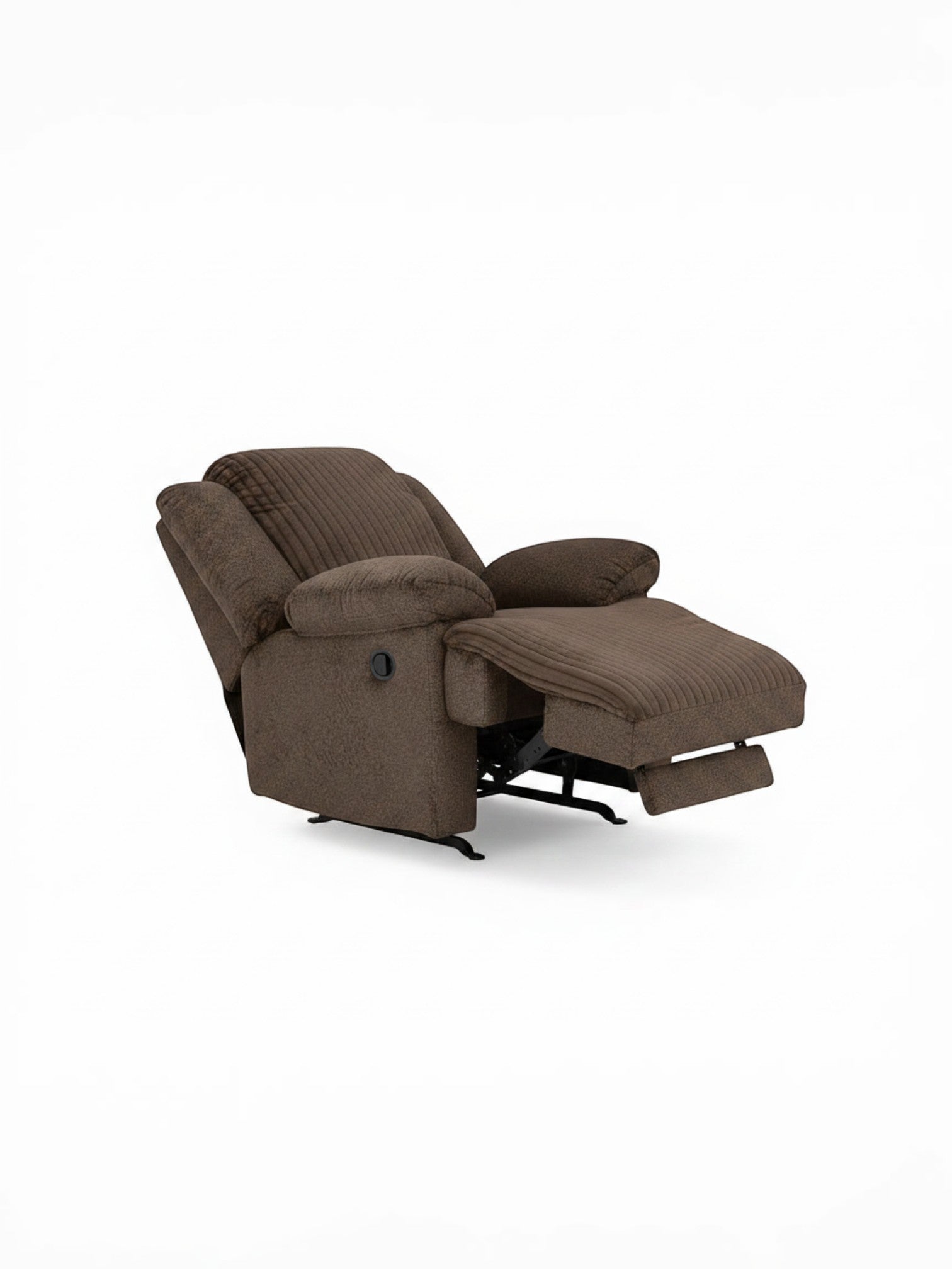 Fauteuil inclinable Enzo de TOCO Meubles en tissu brun chocolat avec assise confortable et repose-pieds intégré