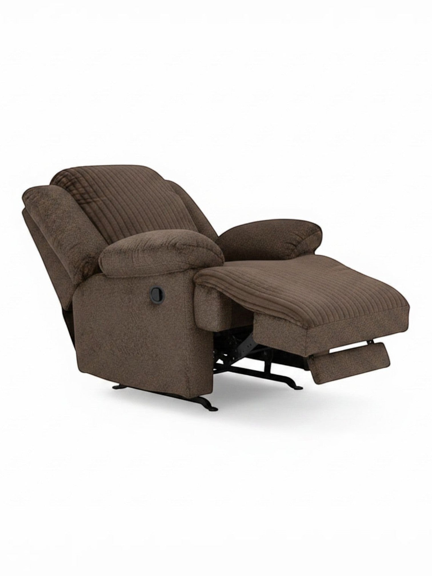 Fauteuil inclinable Enzo de TOCO Meubles en tissu brun chocolat avec assise confortable et repose-pieds intégré