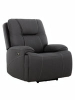 Fauteuil inclinable gris foncé TOCO Meubles Elvis avec coutures contrastantes et repose-pieds intégré.
