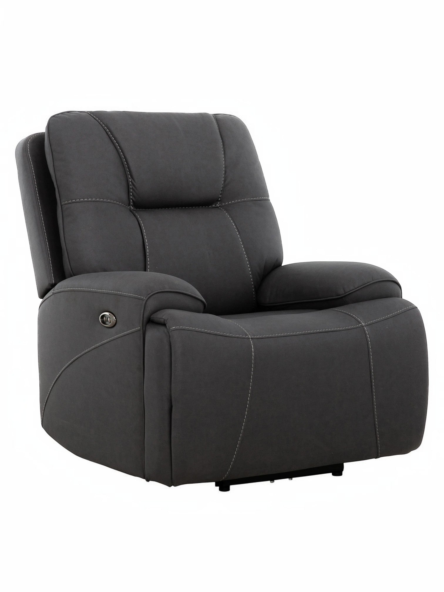 Fauteuil inclinable gris foncé TOCO Meubles Elvis avec coutures contrastantes et repose-pieds intégré.