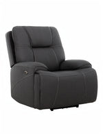 Fauteuil inclinable gris foncé TOCO Meubles Elvis avec coutures contrastantes et repose-pieds intégré.