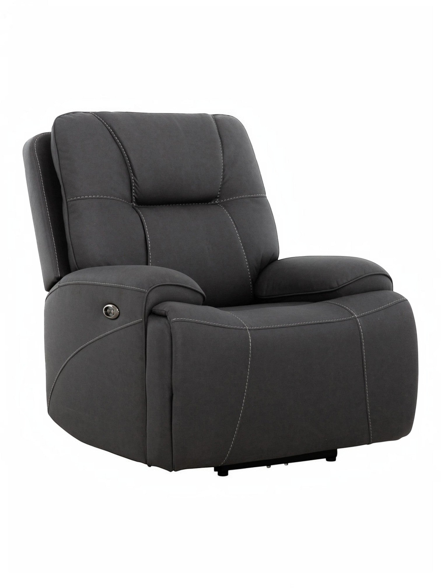 Fauteuil inclinable gris foncé TOCO Meubles Elvis avec coutures contrastantes et repose-pieds intégré.
