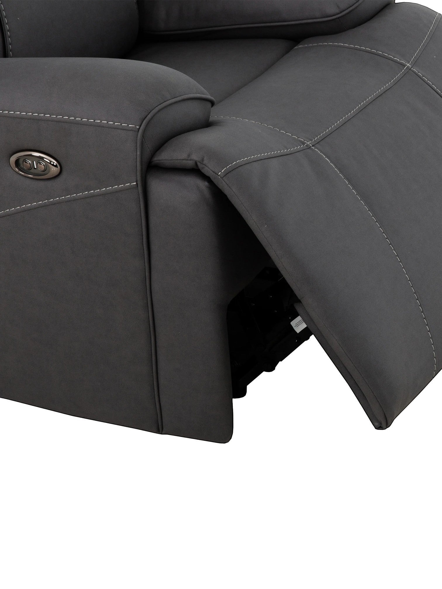 Fauteuil inclinable gris foncé TOCO Meubles Elvis avec repose-pieds relevé et coutures contrastantes.