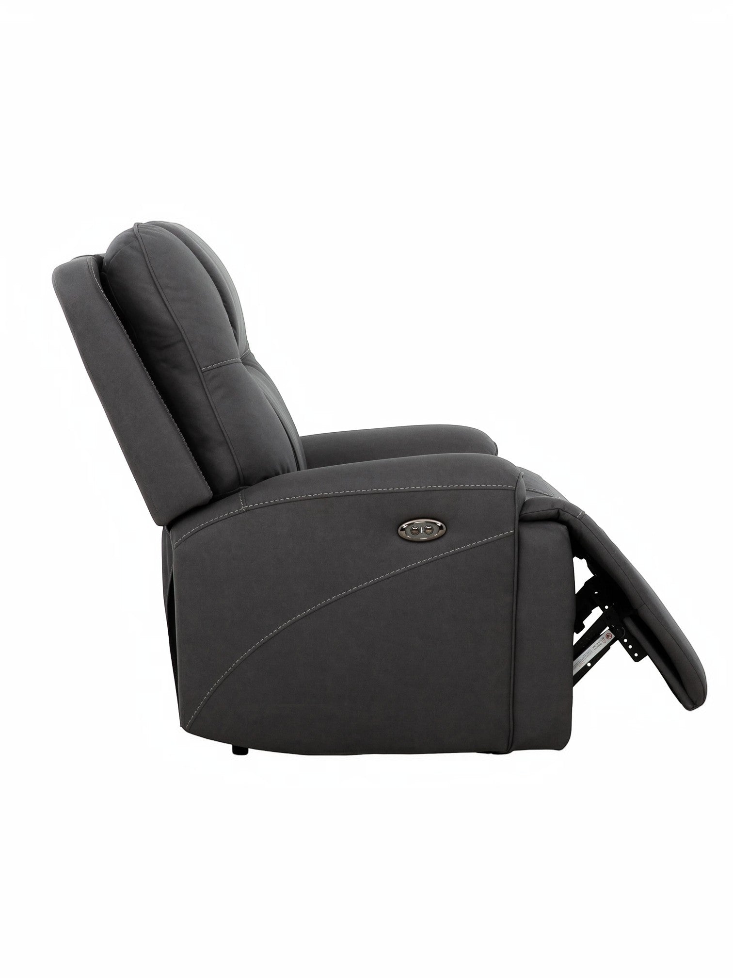 Fauteuil inclinable gris foncé TOCO Meubles Elvis avec repose-pieds déployé et coutures contrastantes.