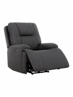 Fauteuil inclinable gris foncé TOCO Meubles Elvis avec surpiqûres contrastantes et repose-pieds déployé.