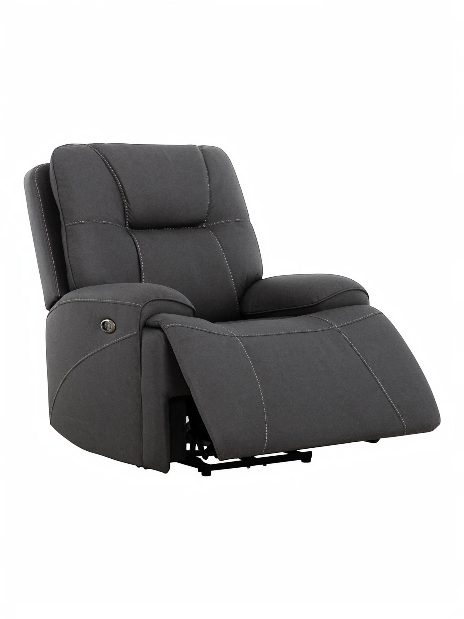 Fauteuil inclinable gris foncé TOCO Meubles Elvis avec surpiqûres contrastantes et repose-pieds déployé.